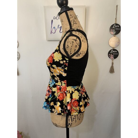 (E-138)Women’s Floral‎ Peplum Top Sleeveless Black Multicolor Size M Fashion - Picture 6 of 7